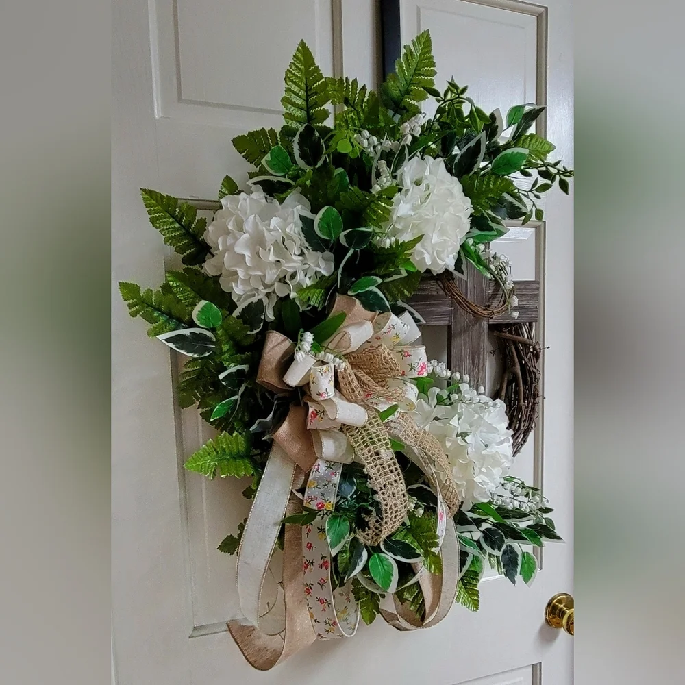 White Hydrangea and Greenery Decorative Door Wreath with Burlap Ribbon